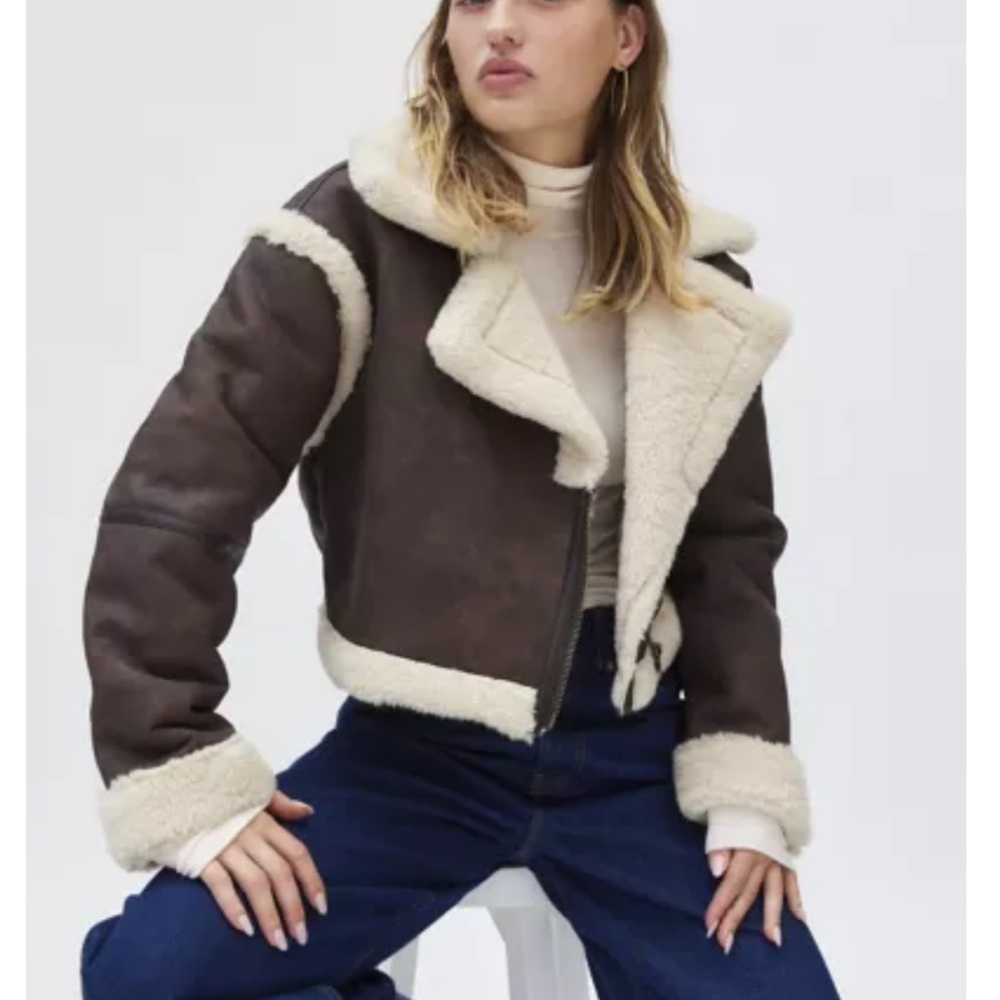 BDG Brown Faux Shearling Jacket with Cream Trim